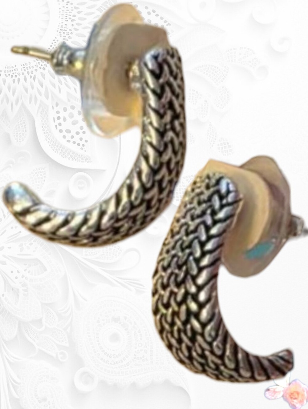 Signed Ear Sense Braided Mini Hoop Earrings Post Silver Tone Nickle Free 191